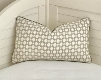Schumacher Celerie Kemble Betwixt in Stone and White Designer Pillow Cover with Gray Piping - Square, Lumbar,Euro Sizes