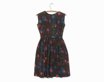 Vintage 50s Floral Sun DRESS / 1950s Dark Low Back Cotton Rockabilly Dress XS