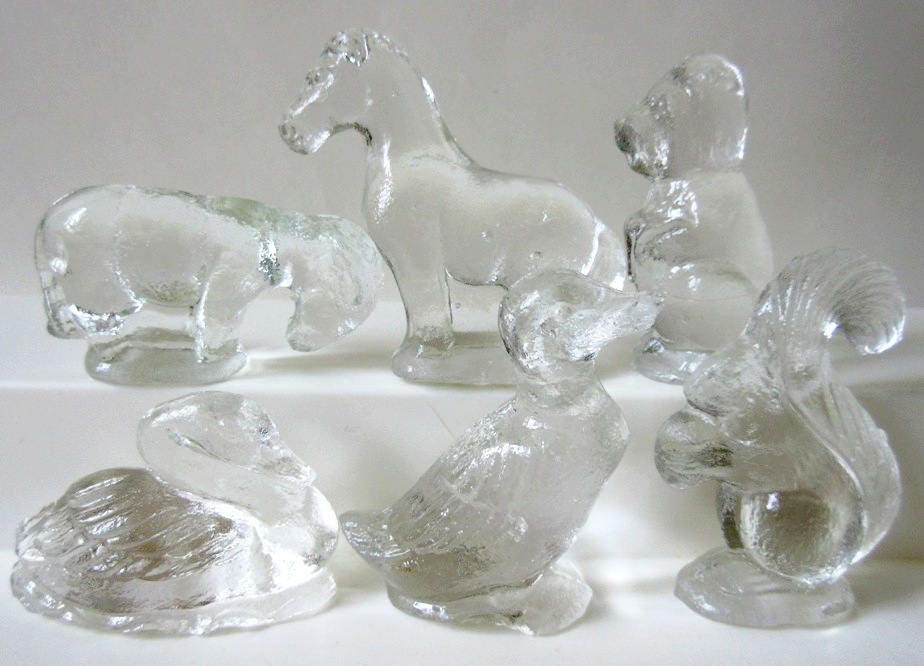 6 Crystal Animal Figurines Antique 1930's Alley Agate