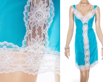 Eye catching elegant silky soft kingfisher blue Perlon and delicate white floral lace detail 1970's vintage full slip petticoat - PL1744