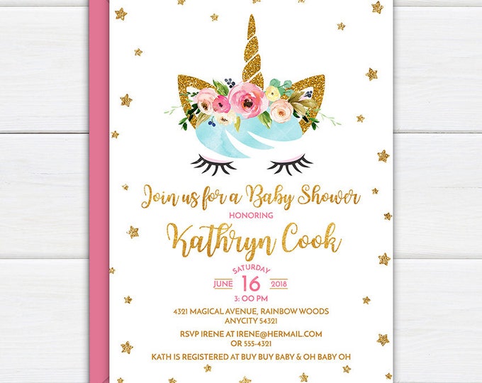 Unicorn Invitation, Gold Glitter and Pink Unicorn Baby Shower Party Invitation, Unicorn Girl Baby Shower Party Printable Invitation