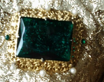 Large vintage brooch - 50s - Gripoix - Goossens - emerald - strass and perles - Christmas gift - birthday gift -