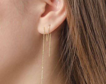 Striped Bar Threader Earrings, Sterling Silver, Gold Plated, Long Chain Earrings, Thin Chain Stick Earrings, Minimal Lunaijewelry, CHE123