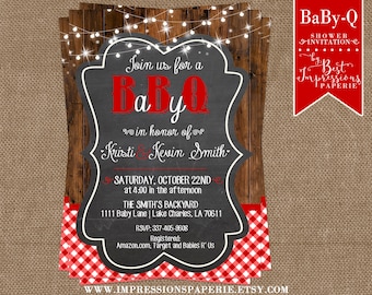 BaBy-Q - A Chalkboard and Red Gingham BBQ Baby Shower Invitation with Shimmering Lights and Wood Background - Beer and Baby - Couples Shower