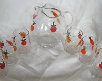 1950s Juice Set, Pitcher & Glasses, Fruits and Vegetables, Mid Century Kitchen