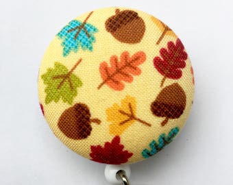 Fall Badge Reel - Fall Leaves - Autumn Badge Reel - Leaves And Acorns - ID Badge Holder - Retractable Badge - Nurse Gift - Fabric Badge Reel