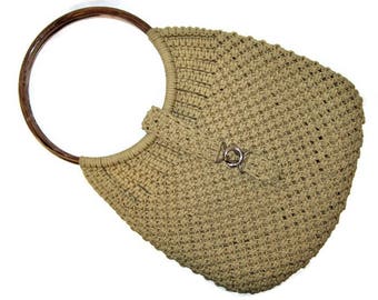 70s Macramé Purse Beige Macramé Bag 1970s Macrame Bag Beige Purse Macramé Handbag Taupe Macramé Boho Bag