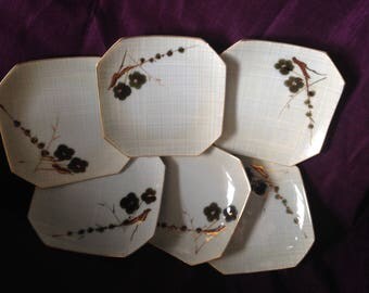 1950s Set 6 sushi square plates japanese luncheon plates dessert plates blue gray gold flower Japan At Everything Vintage Shipping is On Us!