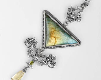 Sterling silver Exclusive pendant Unique necklace Gift for her Green necklace Labradorite pendant Wirework jewelry Litori Yellow pendant