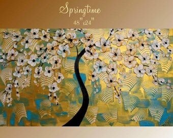 SALE XLarge Metallic Gold & Aqua Oil Landscape Abstract Original 48" palette knife oil impasto oil painting by Nicolette Vaughan Horner