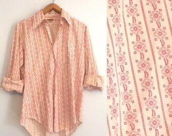 Vintage 70s Mens Western Shirt / Red White Print Disco Shirt / Long Sleeve Mid Century Oxford / Grandpa Hipster Shirt / Medium