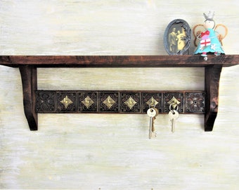Entryway Organizer, Rustic Key Rack and Shelf, Moroccan Decor, Wood Wall Mount Key Holder, Wall Hanging Necklace Organizer, Jewelry display