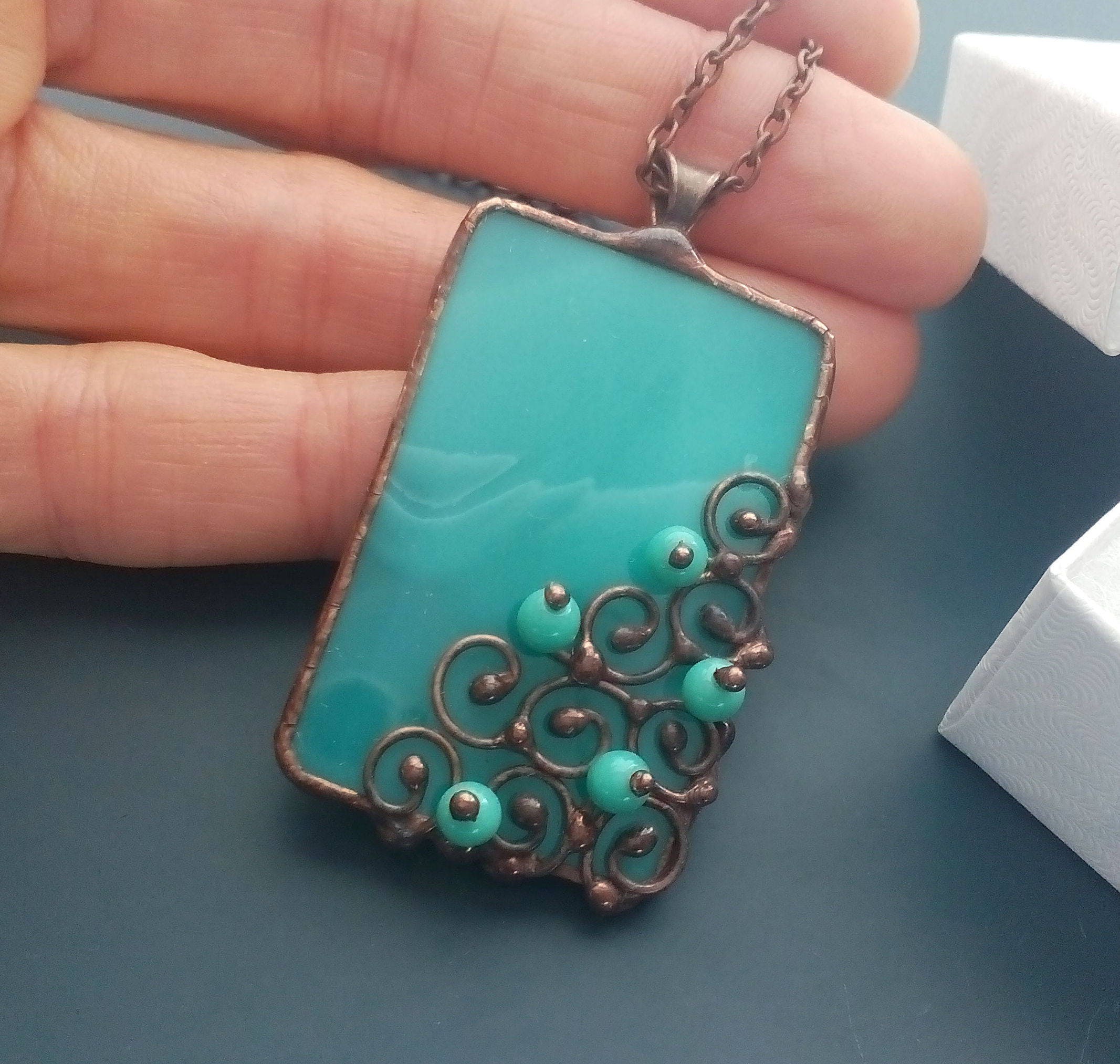 Stained glass necklace wire pendant contemporary jewelry