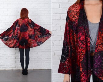 Vintage 80s Velvet Burnout Top Blouse Red Sheer Oversize jacket S M L 8672