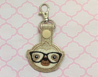 Geeky Sloth snap tab, Sloth keychain, Cute sloth with glasses keychain, Nerdy sloth keyfob, Geeky sloth key snap tab, Sloth snaptab