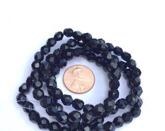 25 Beads Czech Firepolish Black Round beads