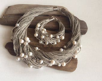 Linen Jewelry Set, Pearl and Linen Necklace, Wedding Jewelry, Linen Necklace and Bracelet, Gift for her, Anniversary Gift for Wife