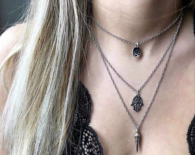 Zen necklace, silver necklace, Fatima hand necklace, necklace for women, silver layered necklace, choker necklace, necklace for her