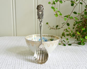 Shell shaped sugar spoon, vintage German, Hildesheimer rose pattern, silver plate
