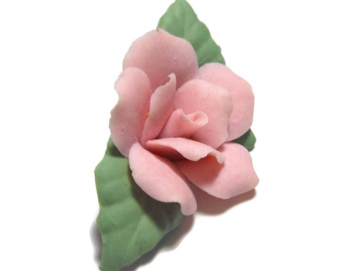 FREE SHIPPING Porcelain rose brooch, pink rose with green leaves, delicate china rose pin, feminine floral brooch