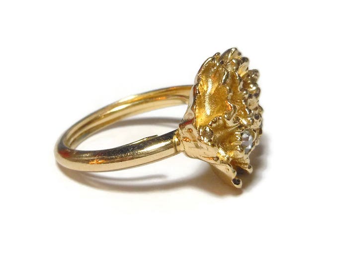 FREE SHIPPING Avon floral ring, Avon 1976 Flowerblaze, ruffled flower ring, adjustable shank, clear rhinestone offset, adjustable 6 to 7