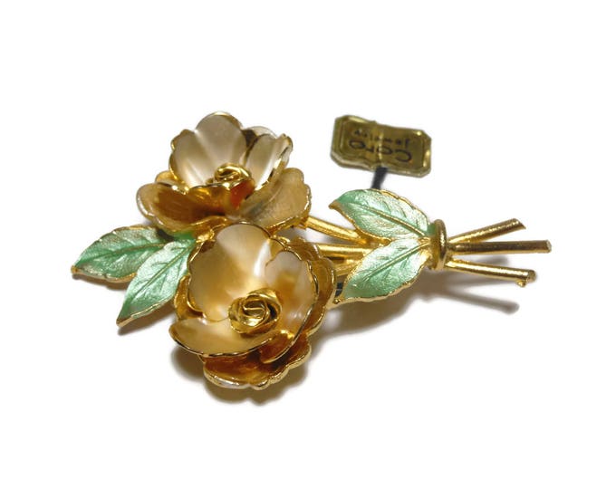 FREE SHIPPING 1940s Coro floral brooch, Original Coro Pegasus tag, gold enamel petals flowers, green leaves two gold flowers, Coro in script