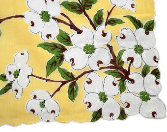 1950's yellow and white linen dogwood print handkerchief