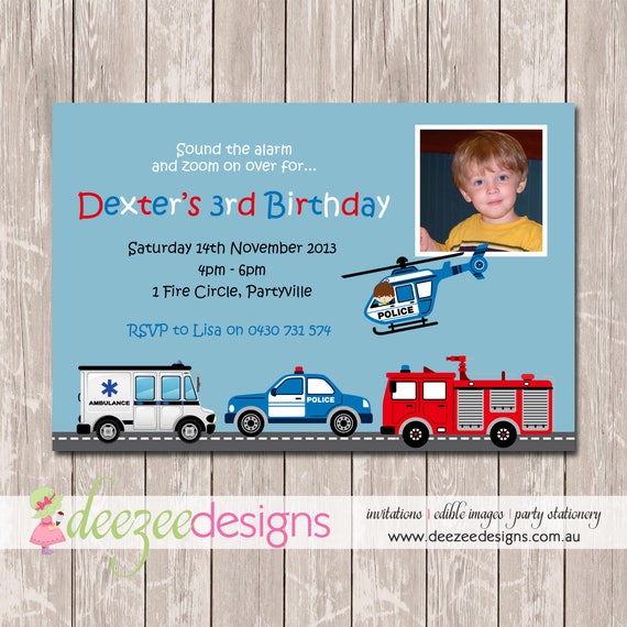 Fire Rescue Police Ambulance Birthday Invitation with Photo - YOU PRINT - BD056B Il_570xn