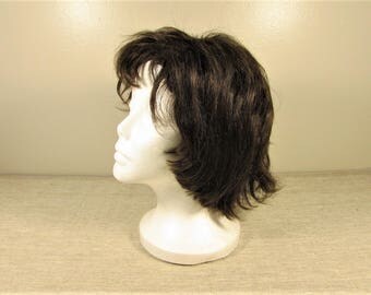 Dark Brown Human Hair Wig - Vintage Layered Medium Length Wispy Bangs