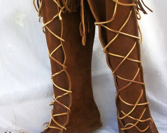 MINNETONKA Moccasins ~ Leather / Suede ~ Vintage TALL Lace Up Moccasin Boots ~ Size 6 1/2 // 7