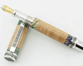 Custom Wooden Pen Fountain Beautiful Curly Maple with Dyed Box Elder Accents Rhodium Emperor Hardware 865FPW