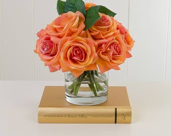 Real Touch Peach Orange Roses Faux Arrangement in Cylinder Glass Vase for Home Decor Interior Design Bedroom Bathroom Table