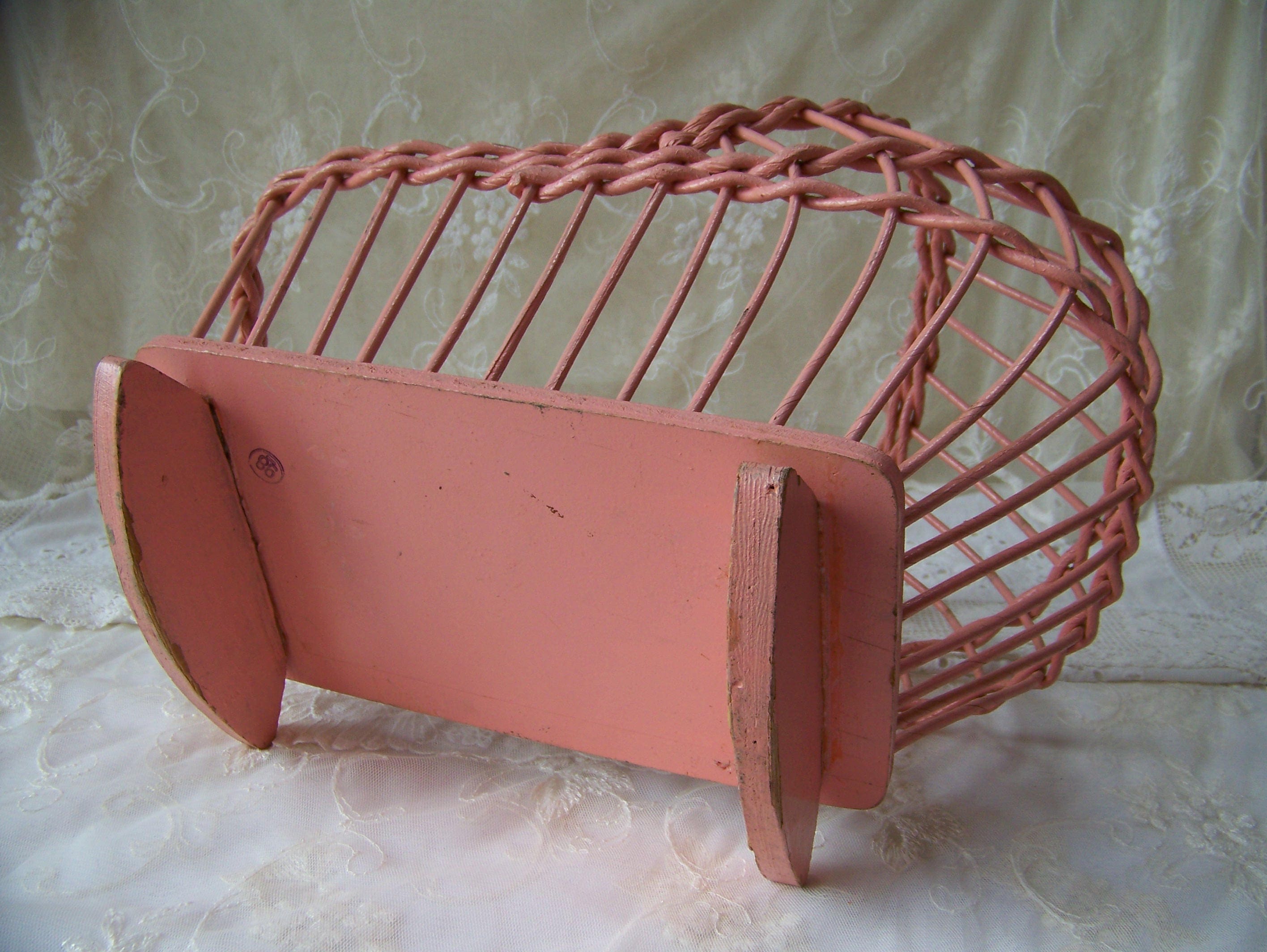 Antique Shabby Chic White Wicker Doll Cradle. Wooden Doll