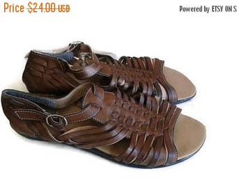 SALE Brown leather strappy sandals gladiator wedges size 9 vintage