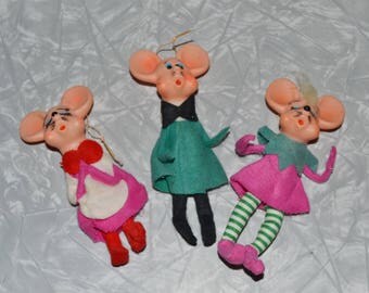 Vintage Felt Mouse Ornament Set of 3 ~ Mice Ornaments ~ Kitsch Christmas