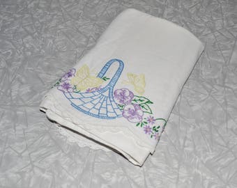 Vintage Hand Embroidered Butterfly & Basket Pillow Cases ~ Vintage Embroidery ~ Vintage Linens Bedding
