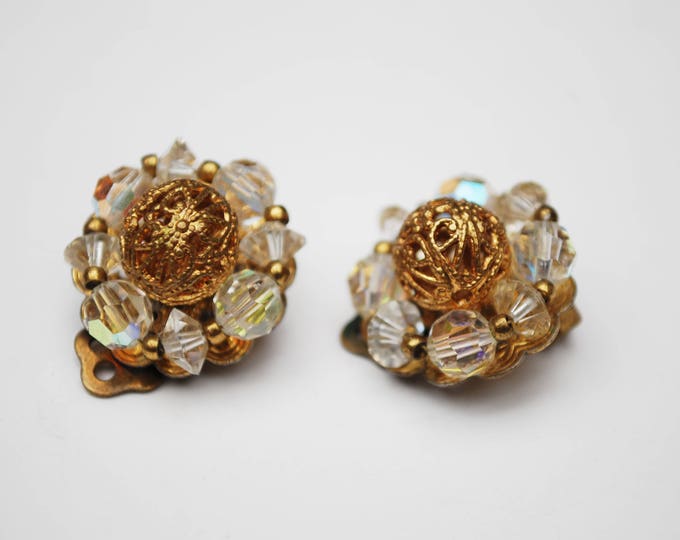 Lisner Earrings - Aurora Borealis crystal - gold filigree - cluster bead - clip on earrings