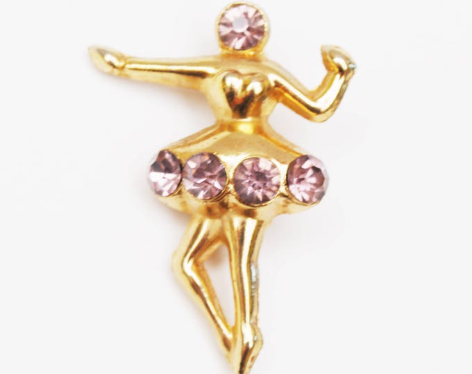 Ballerina Brooch Pink rhinestone - gold figurine Dancer pin