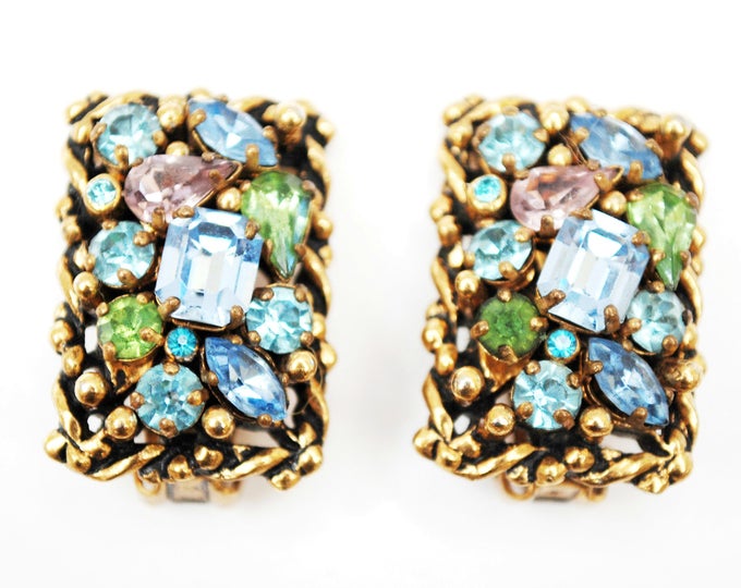 Rhinestone Earrings - Signed Barclay - Multi color - Blue Purple and green - gold rectangle - Jewel of the India - clip on earrings