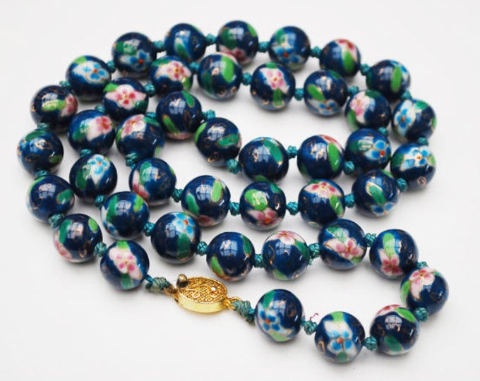 Cloisonne flower Bead Necklace - Aqua Turquoise Blue Green white gold Enameling - Hand knotted 12 mm Chinese beads - 25 inches