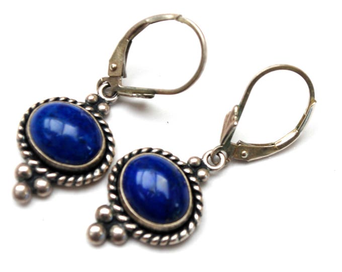 Sterling Lapis earrings - Signed QT - dangle blue gemstone - southwestern pierced earring