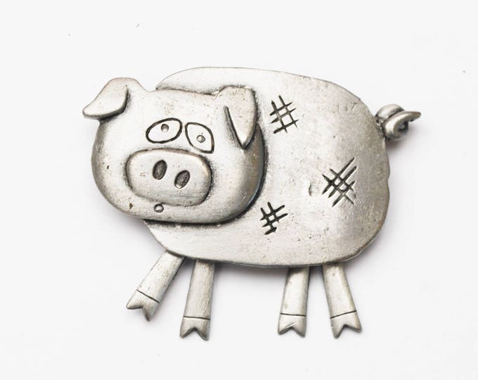 Pewter Pig Brooch - Signed JJ - Jonette Jewelry company - dangle legs - figurine pin