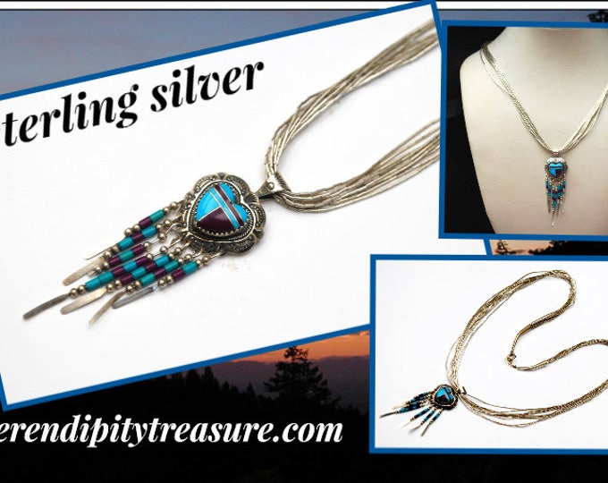 Sterling heart Inlay Necklace - Liquid silver multi strand -Turquoise - purple gemstone - silvependant - Southwestern -