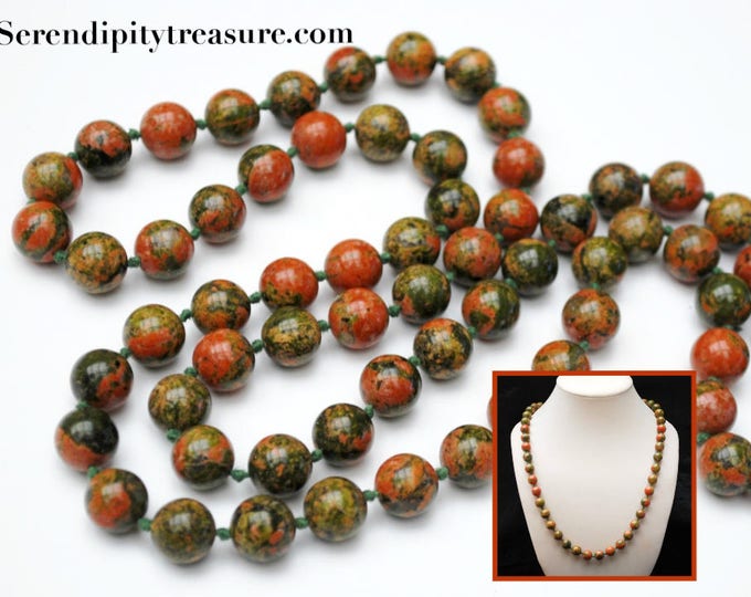Polished Jasper bead Necklace - Red Green Gemstone - Natural stone - Gemstone Beads- green silk knots