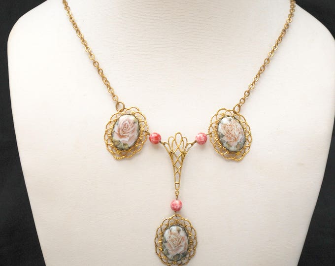 Pink rose Necklace -Floral ceramic cabochon -gold filigree -brass chain - glass bead - v shape bib necklace