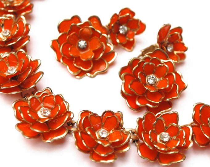 Orange Flower necklace earring set -Plastic floral - clear rhinestone - gold trim