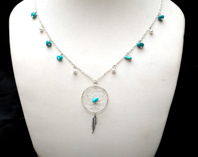Sterling Dream Catcher Necklace Dangle earrings set - turquoise bead Native American South western pierced earrings