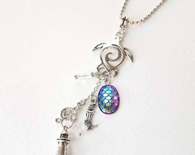 Turtle Charm Pendant Necklace Mermaid Scale Necklace Beach Lover Gift Teenage Gift Long Necklace Boho Jewelry Charm Necklace Nature 1T8
