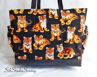 Tiger Diaper Bag, Zipper Closure, Lots of Pockets, 16 x 13 x 6 inches, Black Faux Leather Bottom, Baby Tiger Nappy Bag, Toddler Daycare Bag