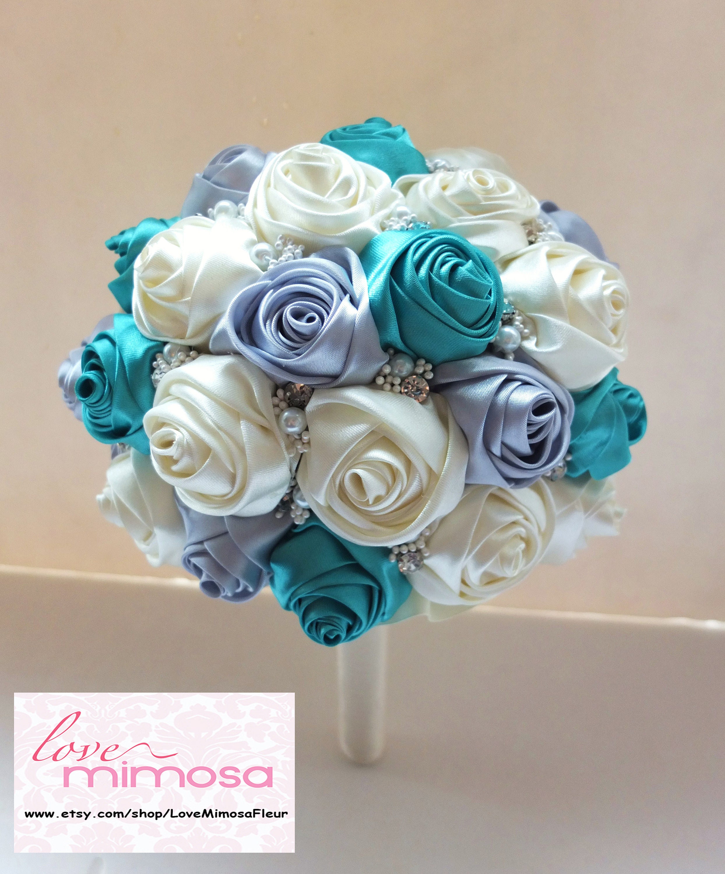 Satin Rose Bouquet Ribbon Rose bouquet Ivory Teal & Light